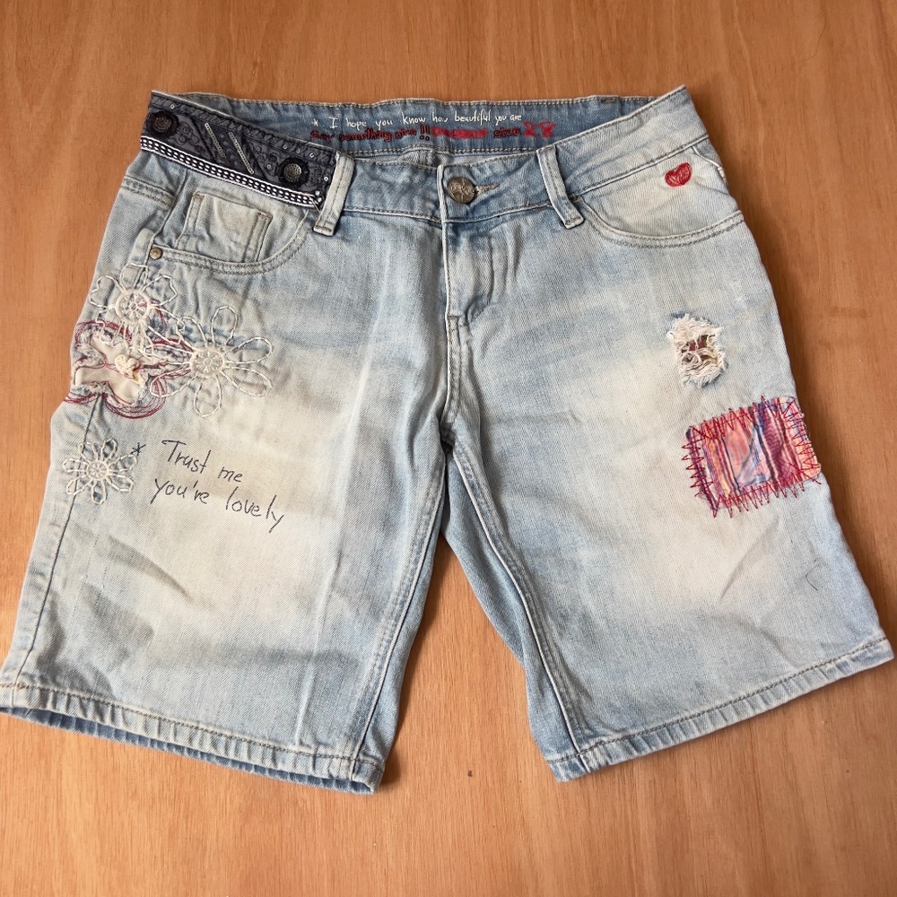 Desigual denim jean shorts women's size 28 patch work embroidered distressed